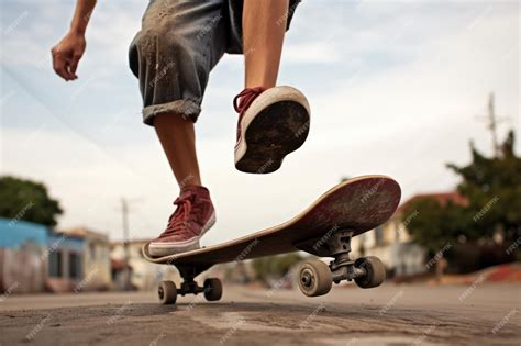 Premium Photo A Skateboarders Feet While Pushing Off The Ground