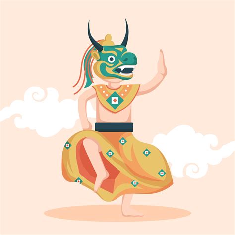 Illustration of traditional Bhutanese dance using a dragon mask. Vector ...