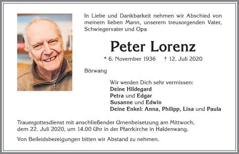 Traueranzeigen Von Peter Lorenz Augsburger Allgemeine Zeitung