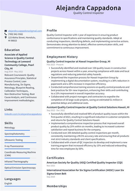 Top 17 Quality Control Inspector Resume Objective Examples