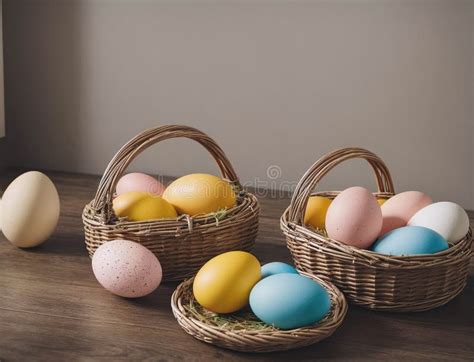 Three Baskets Of Easter Eggs Are Arranged On A Wooden Table Stock Photo