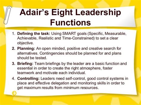 Adairs Eight Leadership Functions Leadership Smart Goals Science