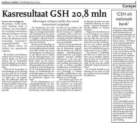 Artikel Antilliaans Dagblad D D 18 Juli 2024 Kasresultaat GSH 20 8