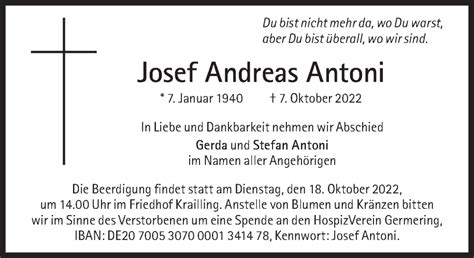 Traueranzeigen Von Josef Andreas Antoni SZ Gedenken De