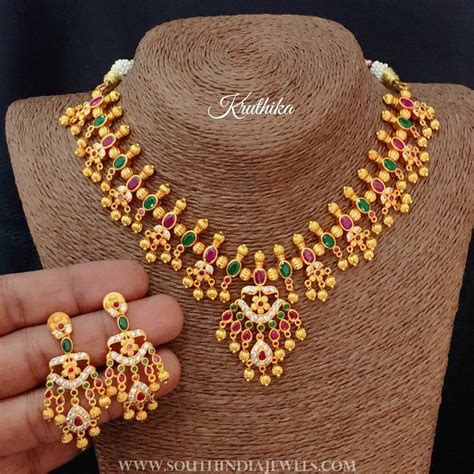 One Gram Gold Stone Necklace Set From Kruthika Jewellery South India