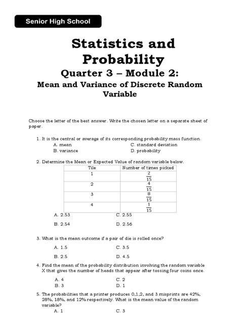 Statistics Probability Q3 Mod2 Mean And Variance Of Discrete