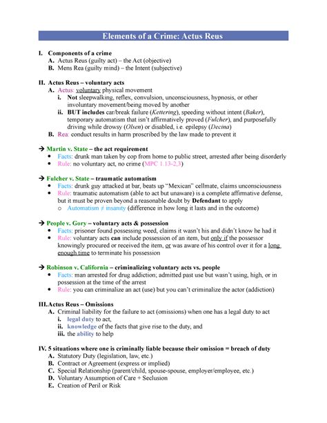 Crim Law Outline Elements Of A Crime Actus Reus I Components Of A