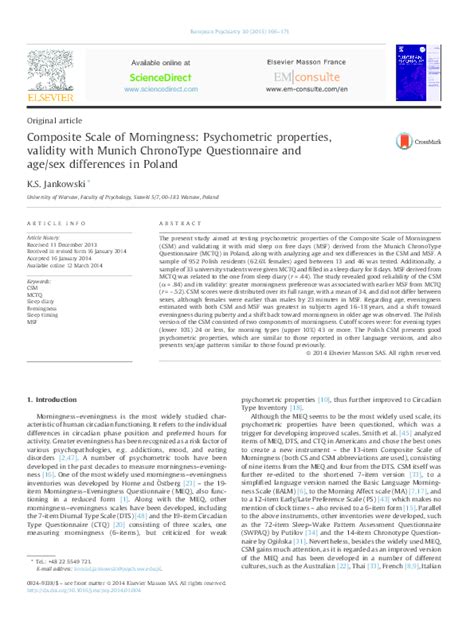 Pdf Composite Scale Of Morningness Psychometric Properties Validity