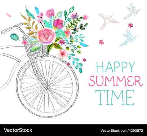 Watercolor Flowers And Bicycle Royalty Free Vector Image