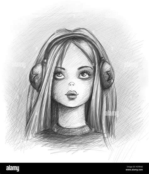 Girl With Headphones Drawing