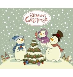 Cute Snowmen Couple Hugging Merry Christmas Card Vector Image