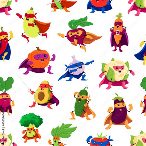 Cartoon Vegetable Superhero Characters Seamless Pattern Vector