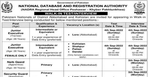 Nadra Jobs For Junior Executives Trainees Naib Qasid Security