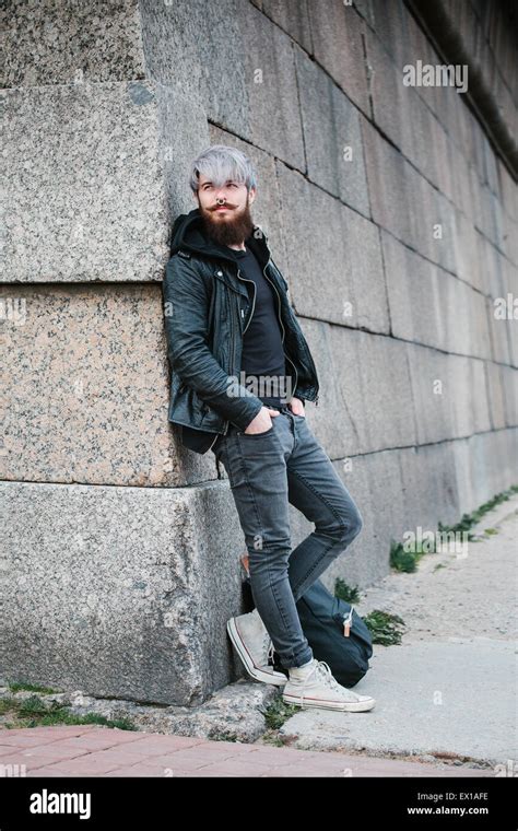 Bearded Hipster With Nose Ring In Leather Jacket Stock Photo Alamy