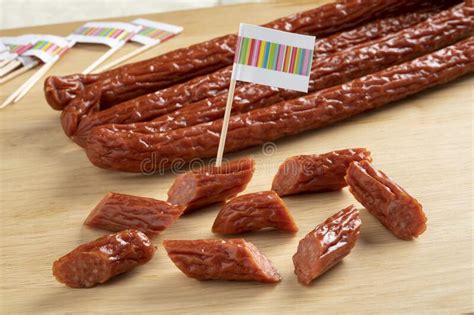 Whole And Cut Smoked Polish Cabanossi Sausages For A Snack Stock Photo