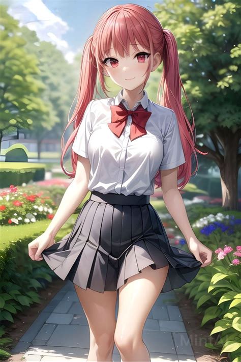 An Anime Girl With Long Pink Hair Walking Down A Path In Front Of Trees