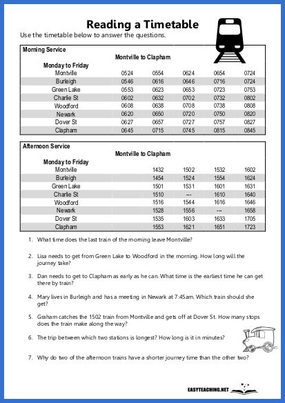 Reading A Schedule Worksheets