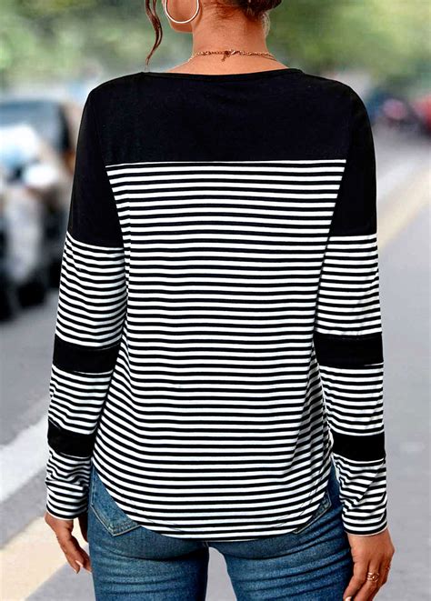 Striped Patchwork Black Round Neck Long Sleeve T Shirt Rosewe