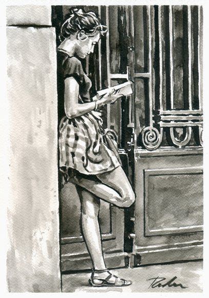 Booklover Madrid Ink Drawing By Tashe Ink Drawing Female Art