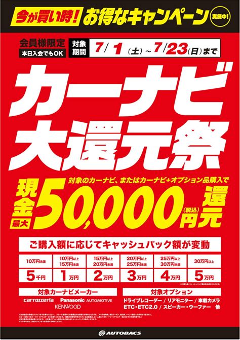 【今が買い時！】カーナビ大還元祭‼ 最大5万円還元のキャッシュバック企画 7月1日～23日まで スーパーオートバックス大宮バイパス