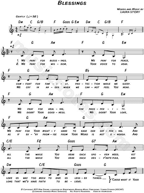 Laura Story Blessings Sheet Music Leadsheet In C Major