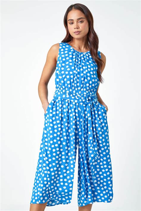 Light Blue Petite Polka Dot Cropped Jumpsuit Roman Uk