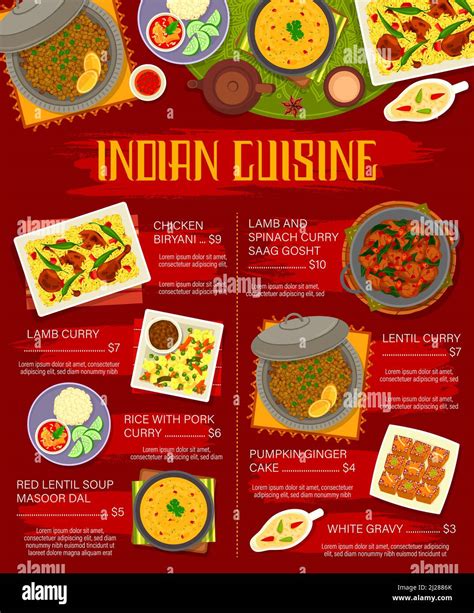 Indian cuisine meat and vegetarian dishes menu template. Chicken ...