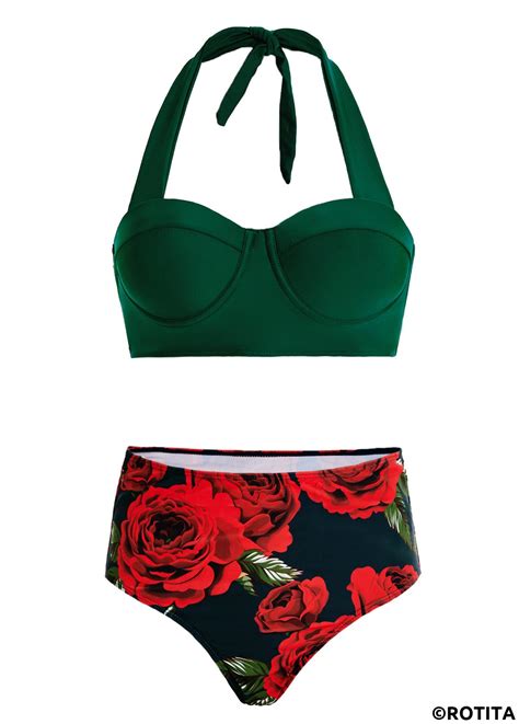ROTITA Floral Print High Waist Halter Bikini Set