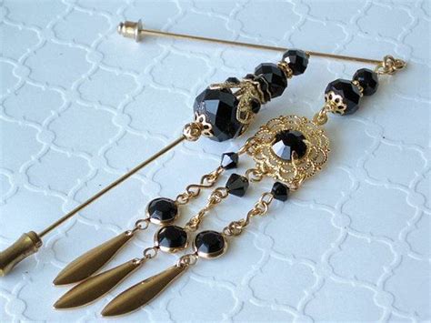 Black Crystal And Gold Hijab Pin Set Black And Gold Dangle Etsy Black Crystals Handmade