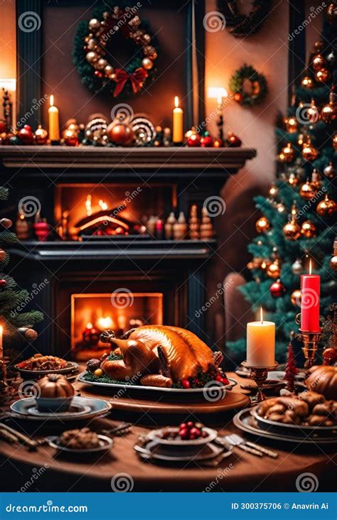 Indoor Christmas Scene A Dining Table With Typical Christmas Foods Ai