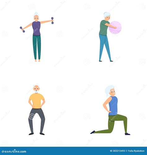 Healthy Lifestyle Icons Set Cartoon Vector Old People Doing Morning