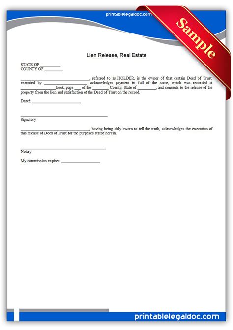 Free Printable Lien Release Real Estate Form Generic