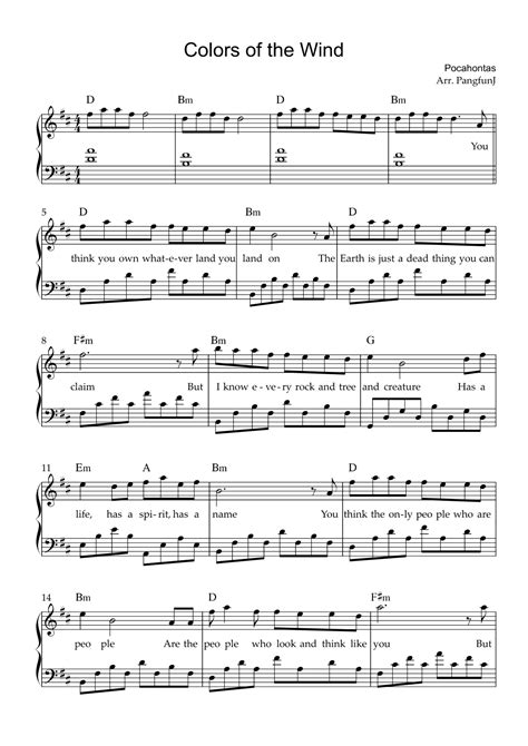 Colors Of The Wind Arr Pangfun J By Vanessa Williams Sheet Music For Easy Piano At Sheet