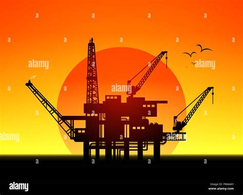 Ilustración de las plataformas petroleras en el mar y la puesta de sol