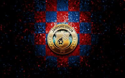 Download wallpapers Jamshedpur FC, glitter logo, ISL, red blue checkered background, soccer ...