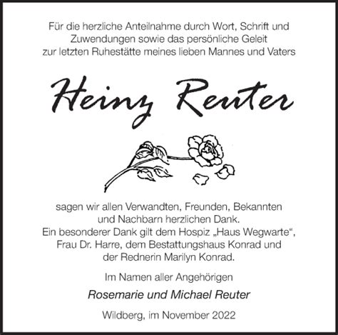 Traueranzeigen Von Heinz Reuter M Rkische Onlinezeitung Trauerportal