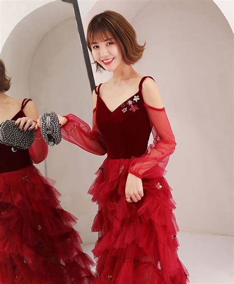 Burgundy Tulle Off Shoulder Long Prom Dress Burgundy Evening Dress