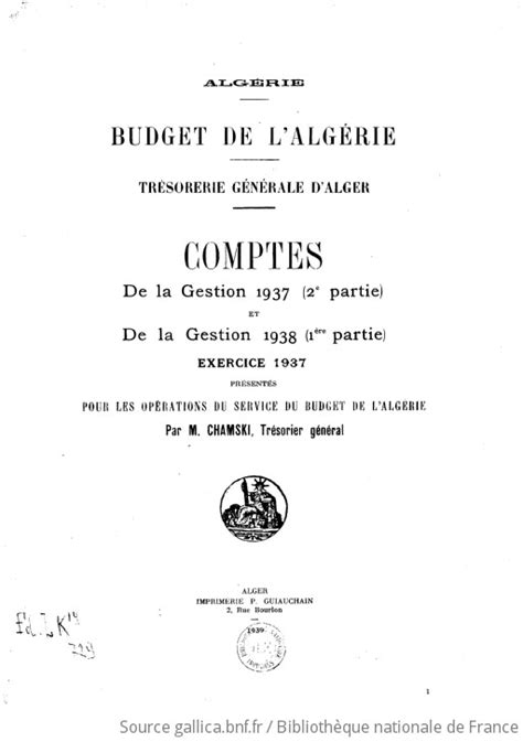 Budget de l Algérie Trésorerie générale d Alger comptes de la