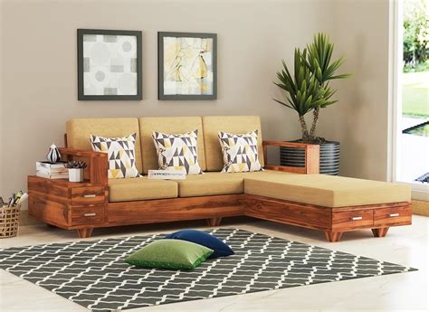 Furnesho Solid Sheesham Wood L Shape Seater Sofa Set For Living Room