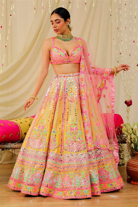 Buy Yellow Dupion Silk Embroidery Mirror Blouse With Lehenga Set For