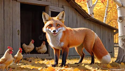 Red Fox Chickens Interaction Predator Prey Hen House Stock Illustration