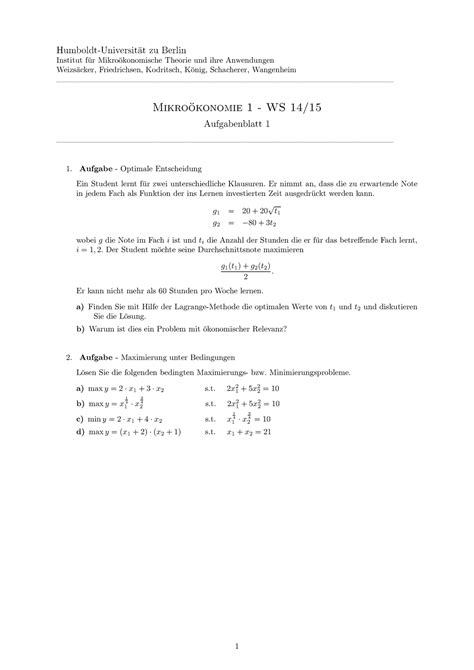 Mikro Konomie I Tutorium Humboldt Universitat Zu Berlin Institut F