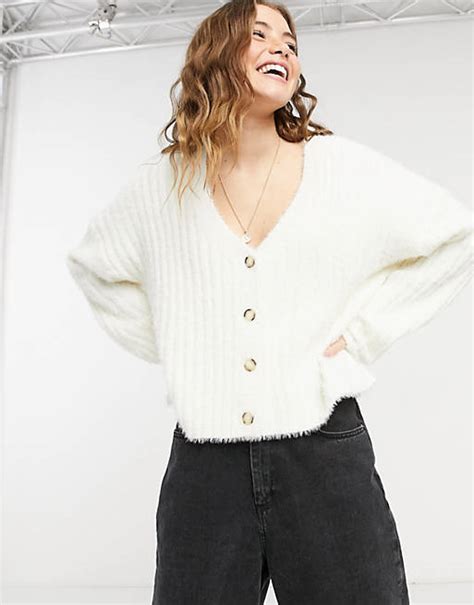 New Look Fluffy Ribbed Cardigan In White Asos