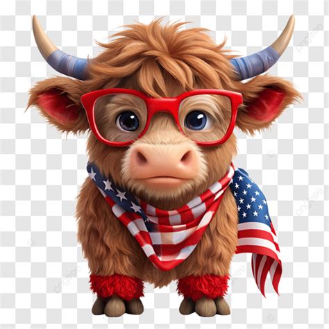 Cute Highland Cow Wearing American Flag Clipart Illustration Highland