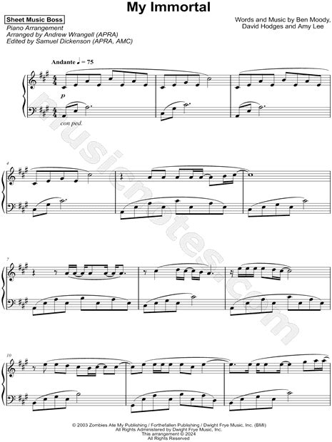 Sheet Music Boss My Immortal Sheet Music Piano Solo In A Major Download And Print Sku