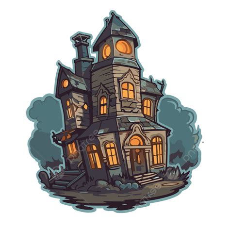 Ilustrasi Kartun Rumah Tua Dengan Clipart Hantu Vektor Desain Stiker