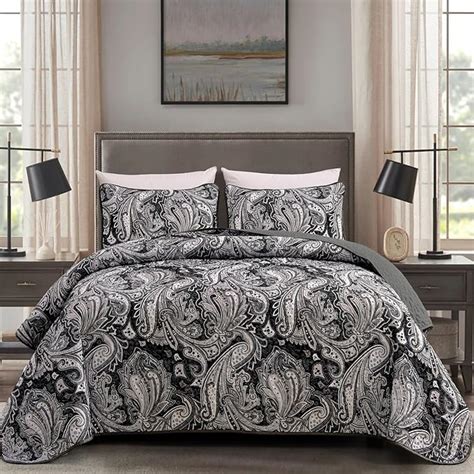 Black Paisley Quilt Set King Size Boho Bedspread Coverlet Set Pieces