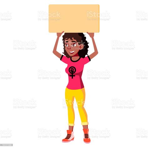 Smiling African Girl Holding Blank Banner On Strike Cartoon Vector