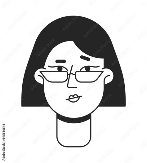 Hesitant Woman With Eyeglasses Flat Line Monochromatic Vector Character