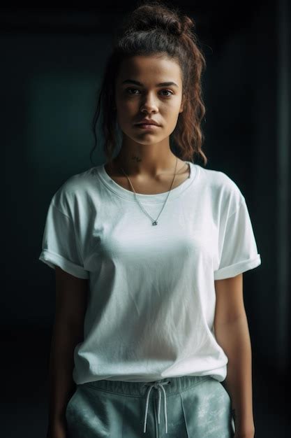 Premium Ai Image A Woman In A White Shirt Stands In Front Of A Dark